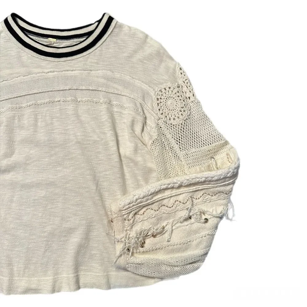 Free People Marrakech Long Sleeve Crochet Embellished Boho Ivory Top Size S